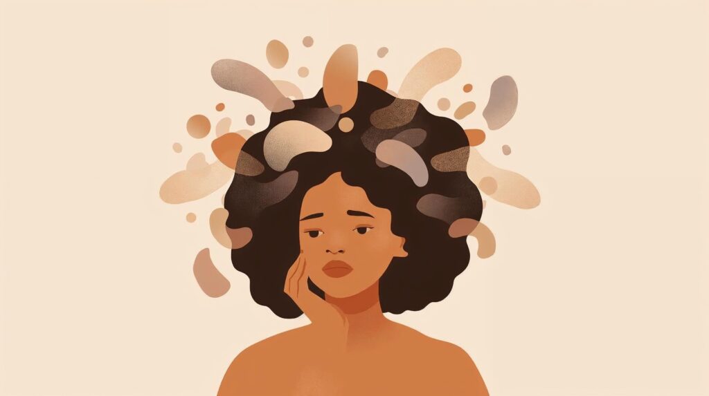 Illustration of a woman feeling mentally overloaded, representing the emotional weight busy women often carry.

