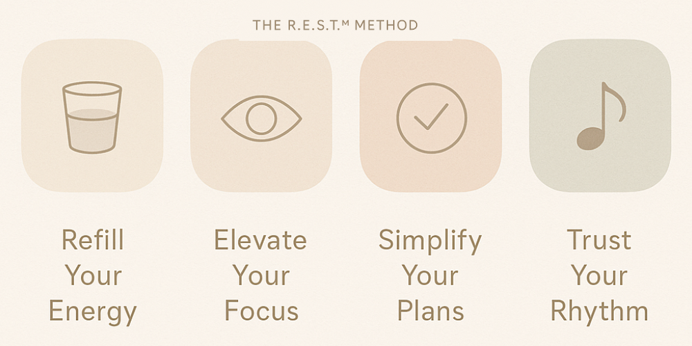 Minimalist infographic showing the four pillars of the R.E.S.T.™ Method: Refill Your Energy, Elevate Your Focus, Simplify Your Plans, and Trust Your Rhythm.