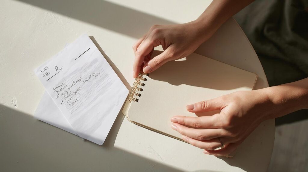 Written list and closed notebook symbolising support that reduces mental load.