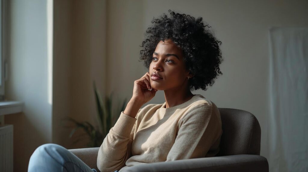 Woman pausing quietly during her day, reflecting on mental load.
