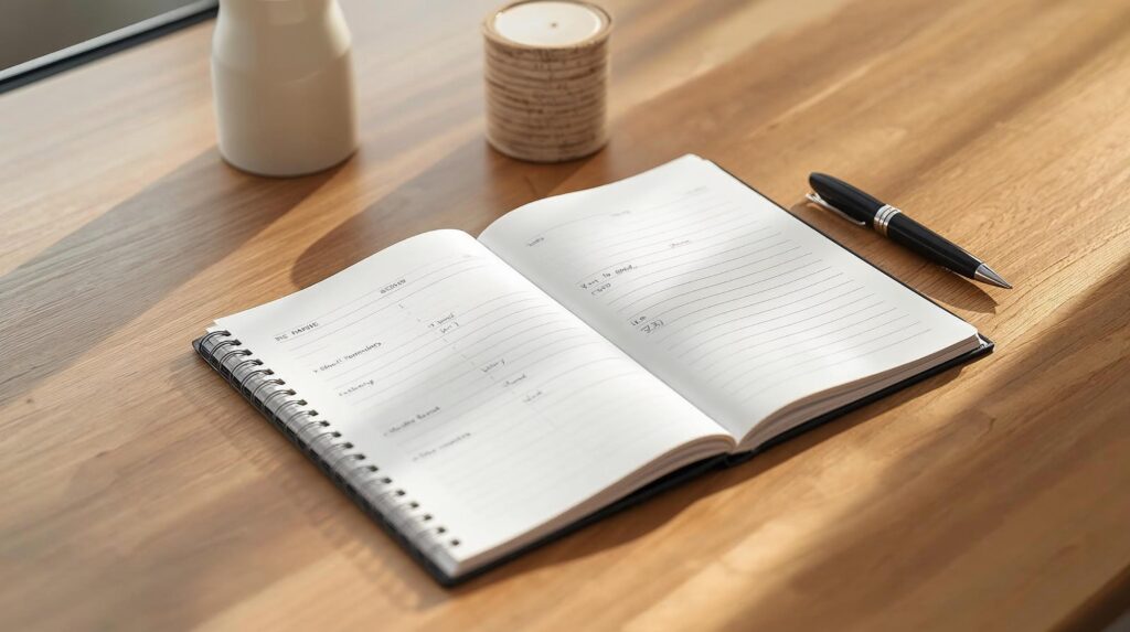 Minimal planner on desk showing structured weekly categories to reduce mental load of motherhood.
