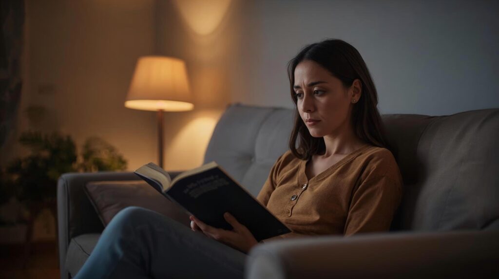 Mother sitting on a sofa in a calm living room, appearing thoughtful and mentally preoccupied.