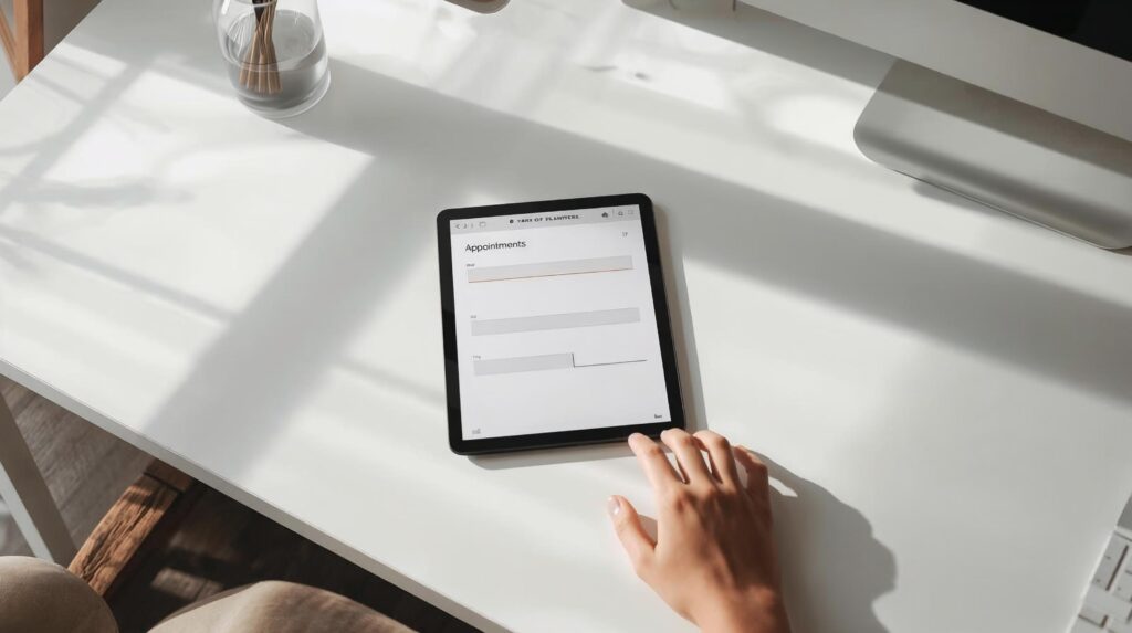 Minimalist planner on a clean desk showing organized appointments, representing externalising mental load.