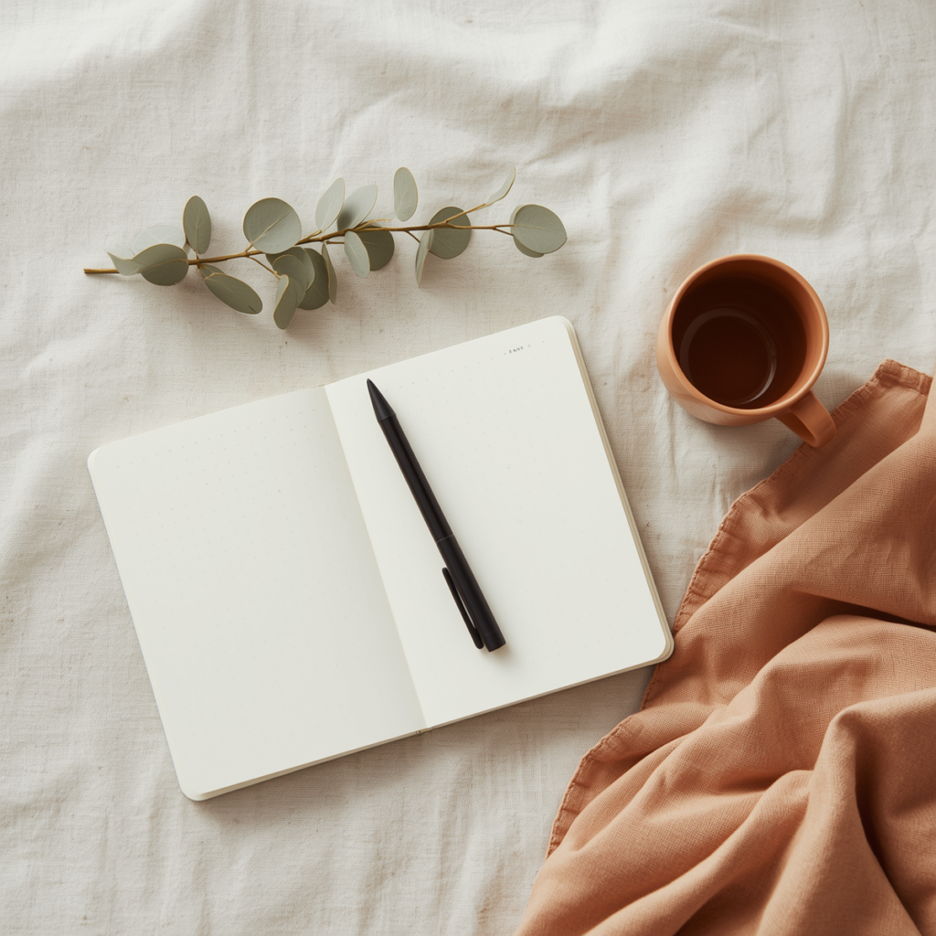 Calm minimalist workspace with a journal and warm light, symbolising intentional focus and reduced mental load