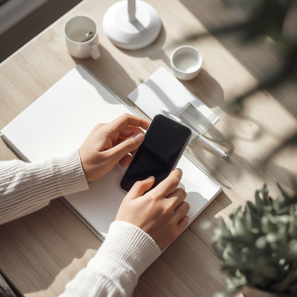 Close up of hands resting near a phone, suggesting a pause before deciding