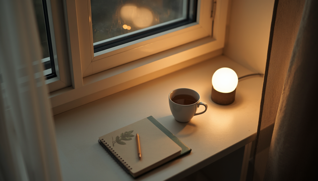 A single cup of tea and a closed notebook by a window at dusk, suggesting a calm, quieter end to the day