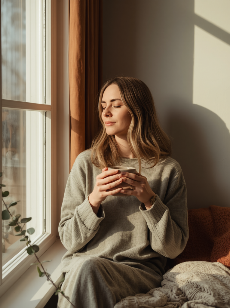 Woman resting by a sunlit window with a warm mug, her mind still quietly running
