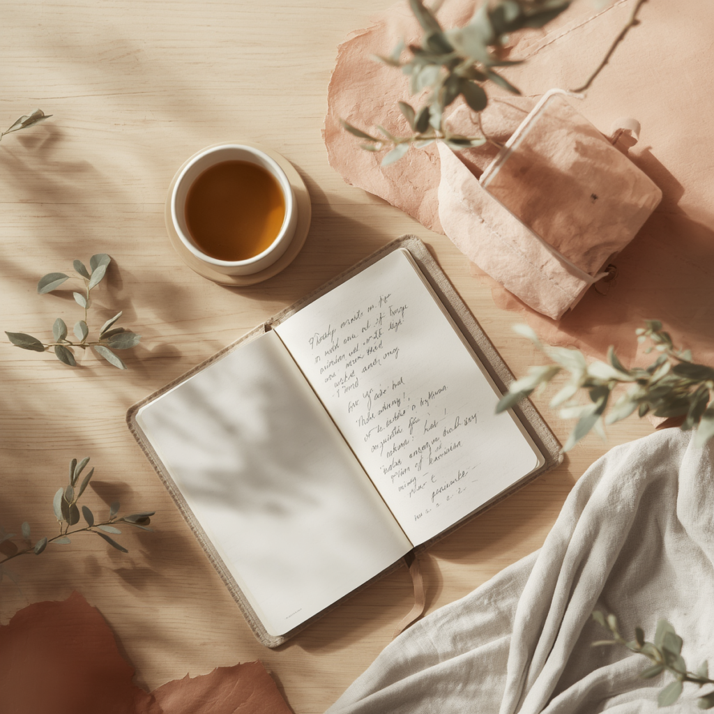 Calm journal and tea on a wooden surface representing the mental reset a working mom needs in summer
