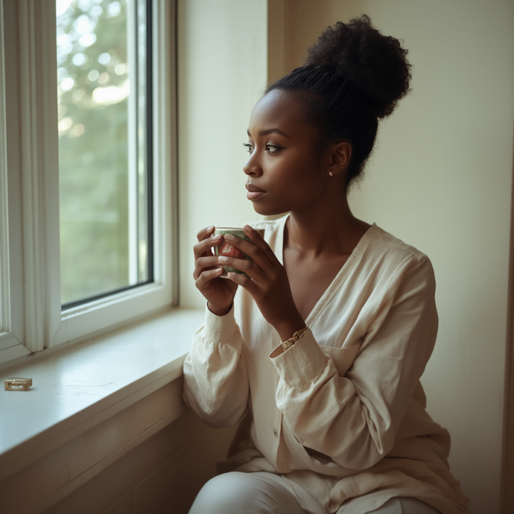 A mom carrying the summer mental load sitting quietly by a window with a cup of tea, lost in thought