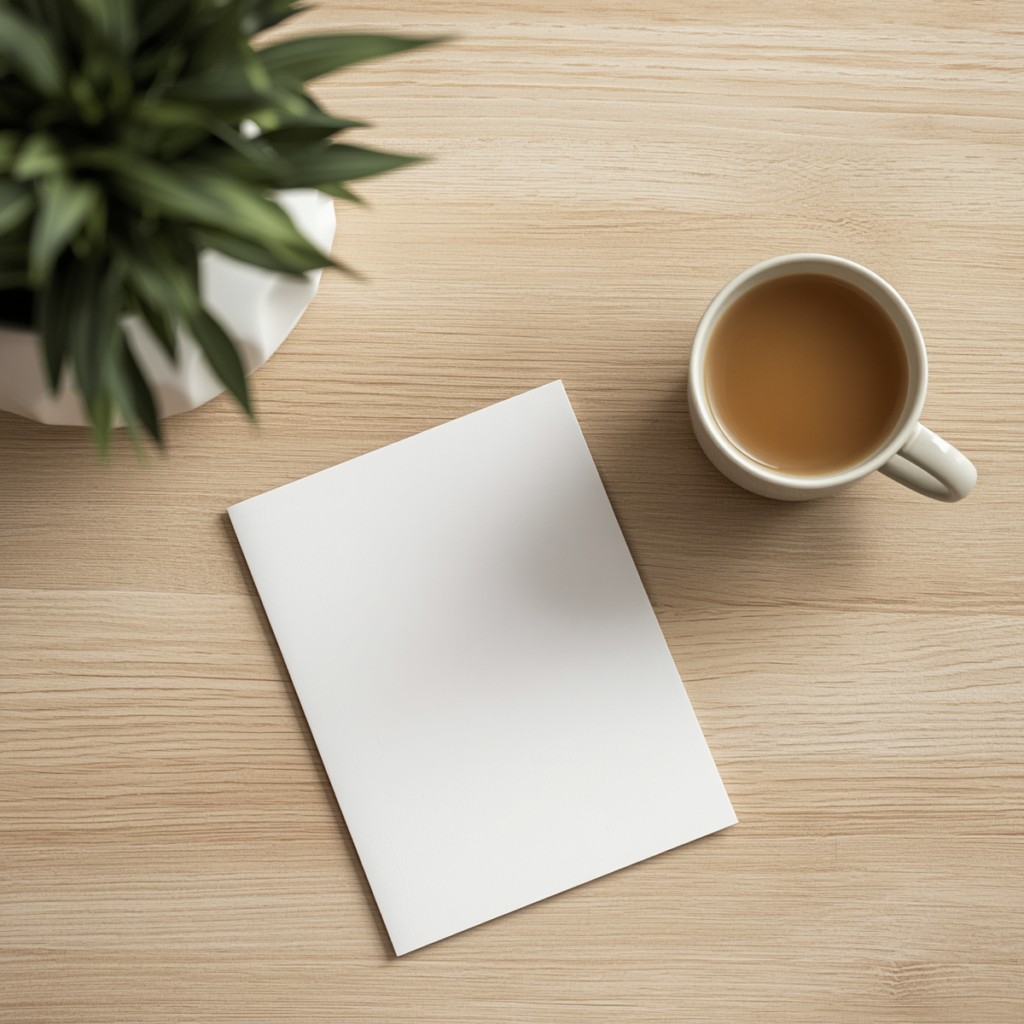 A short, simple list on a notepad next to a cup of tea, symbolizing fewer decisions