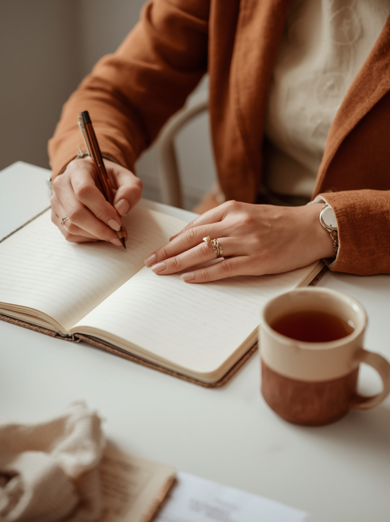 Hands writing a list in an open notebook beside a warm mug of tea
