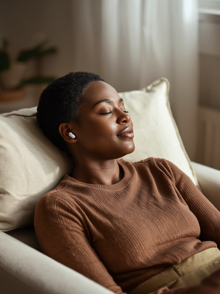 A woman resting with her eyes closed and earbuds in, her mind finally quiet