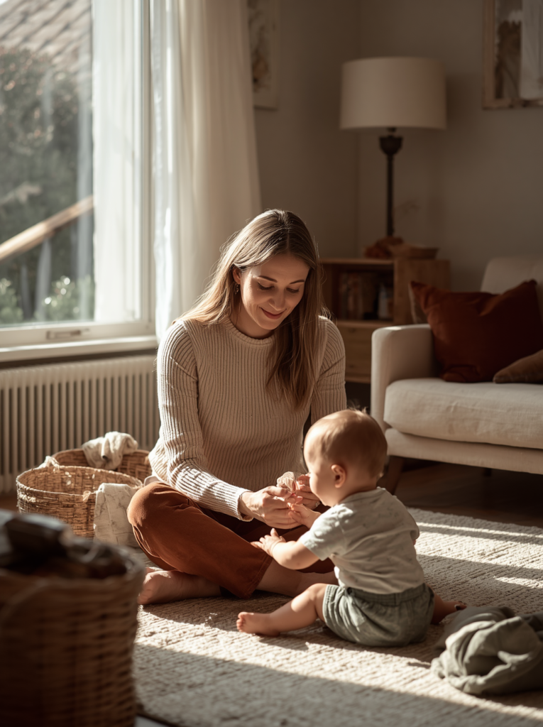 A mother sitting calmly on the floor playing with her toddler in soft daylight