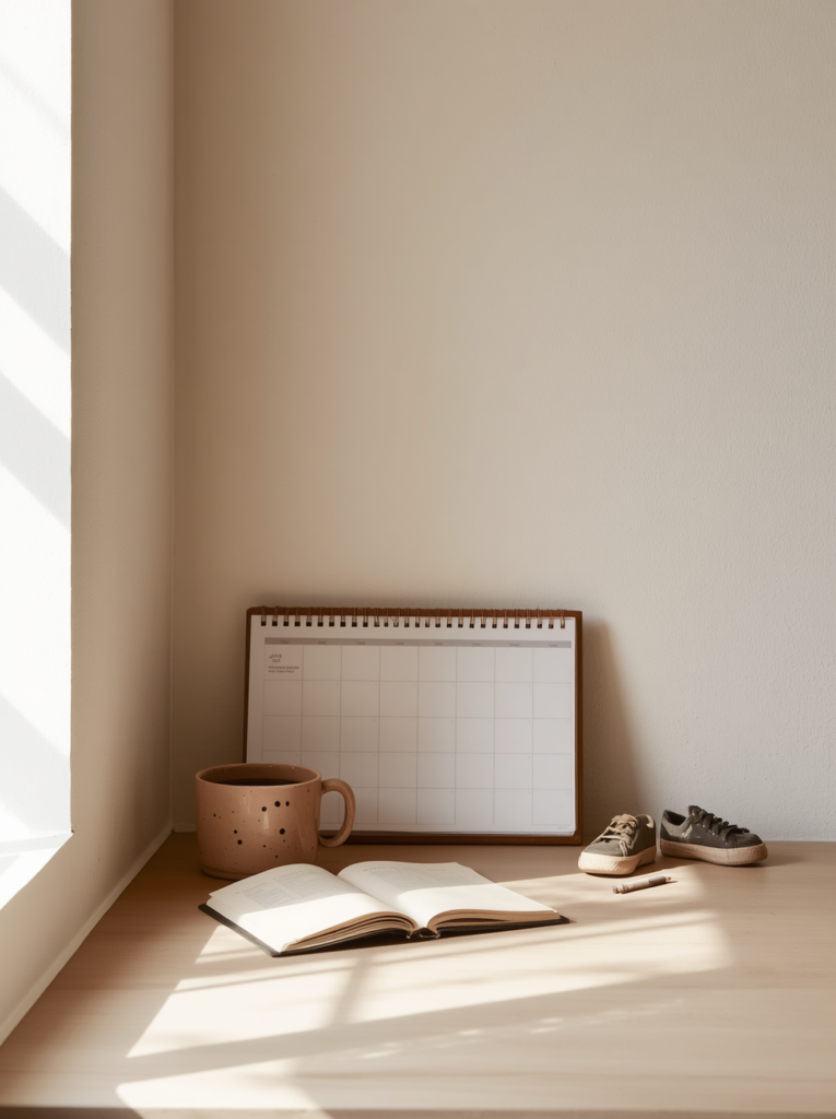 A family wall calendar and open planner on a kitchen counter beside a child's small shoes