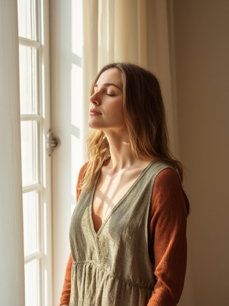 A woman pausing by a window with her eyes closed, breathing and feeling clearer
