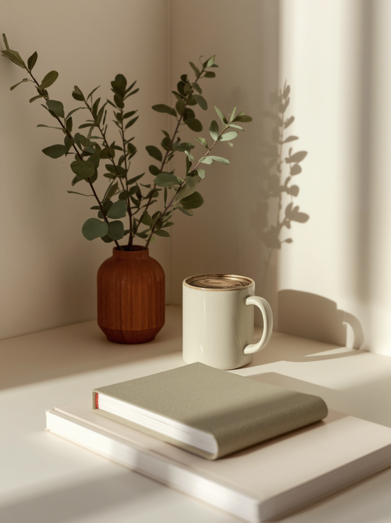 A neatly styled, organised home shelf and desk corner in soft neutral tones
