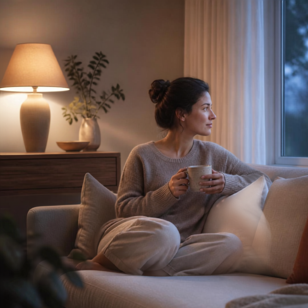 A woman sitting quietly on a sofa in the evening holding a mug and looking out of a window.