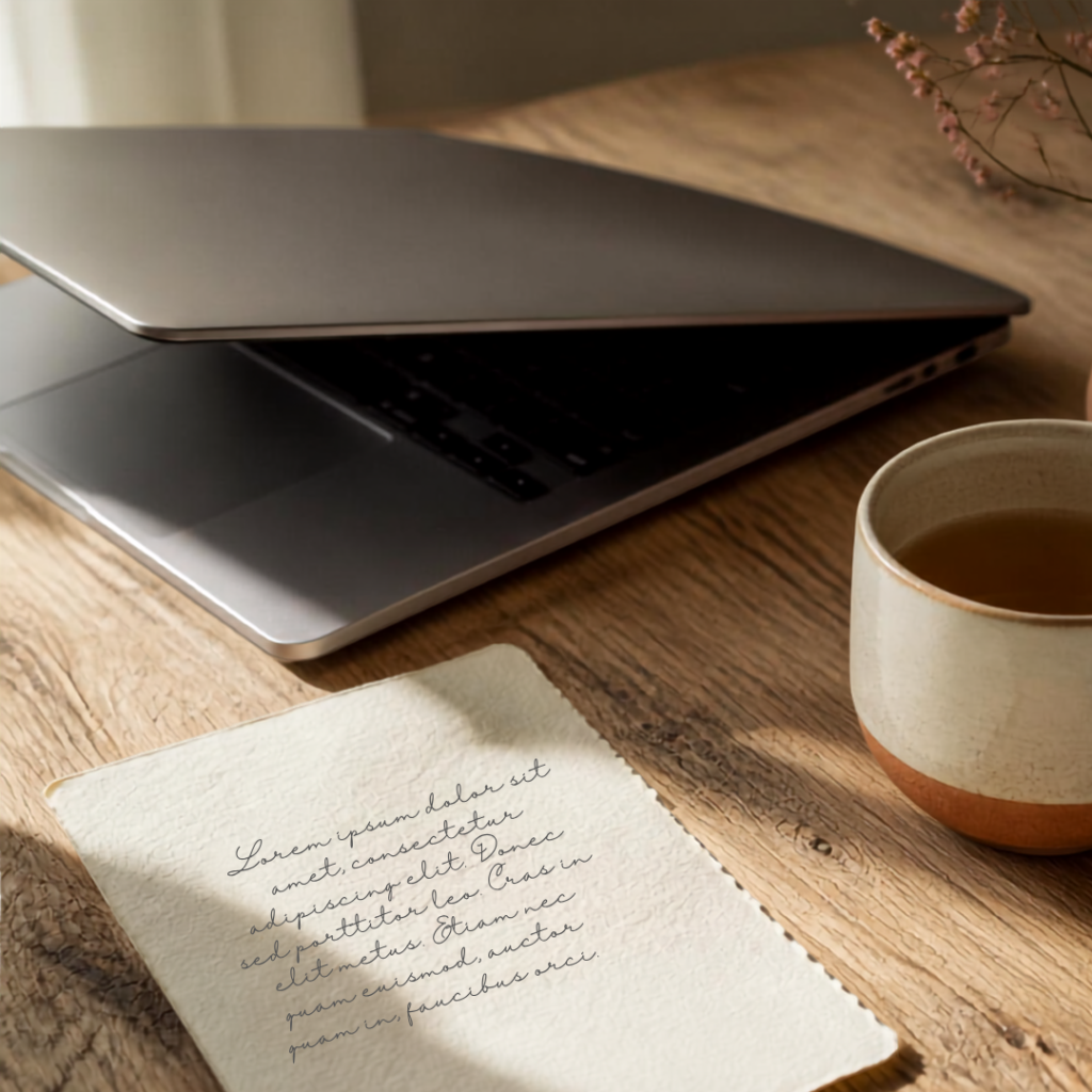 A half-closed laptop on a wooden table next to a cup of tea and a small handwritten note.