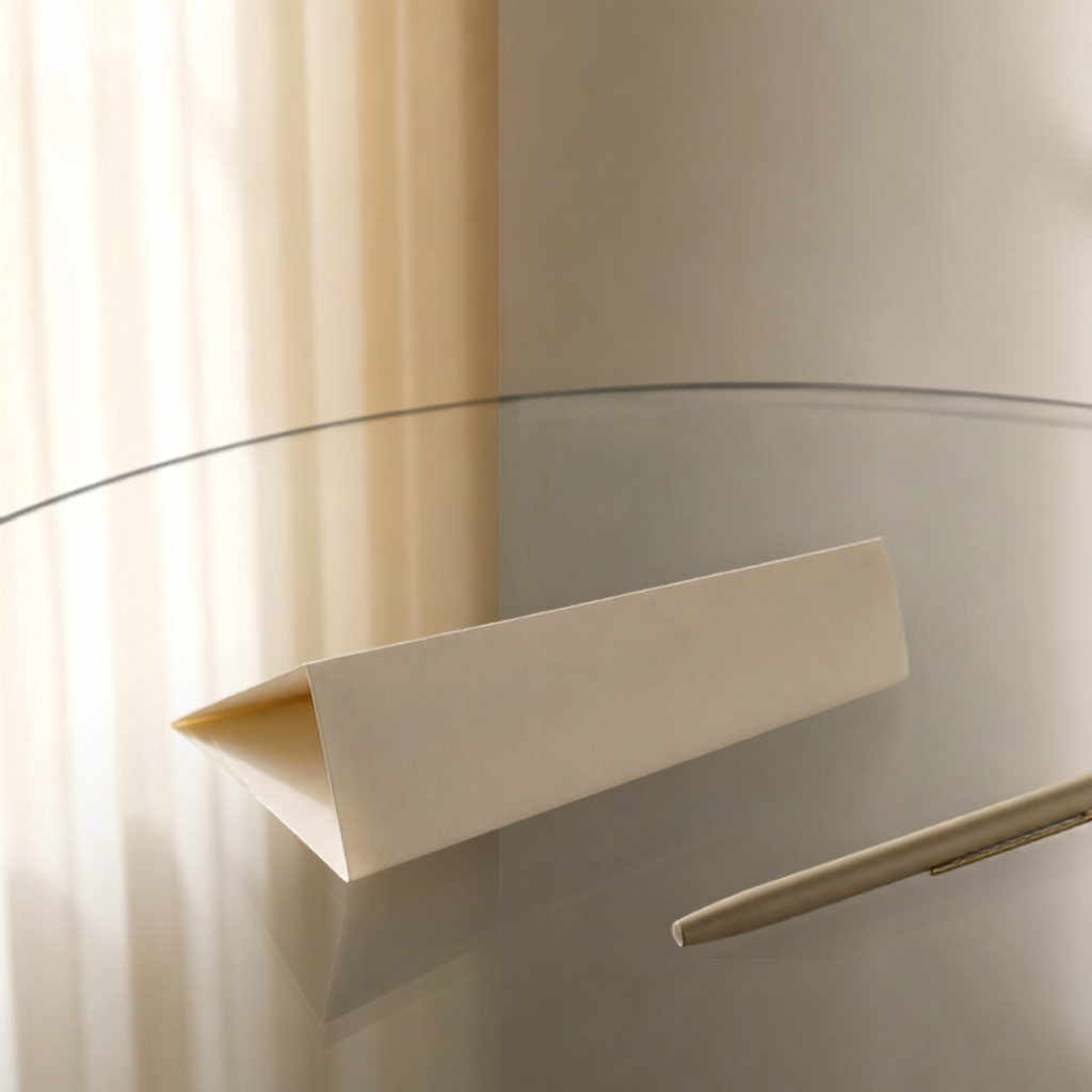 A folded sheet of paper and a pen on an otherwise empty surface.