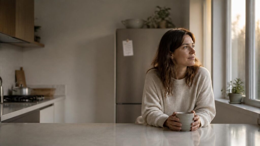 Woman resting in a calm kitchen in the evening after closing the small daily decisions that cause decision fatigue