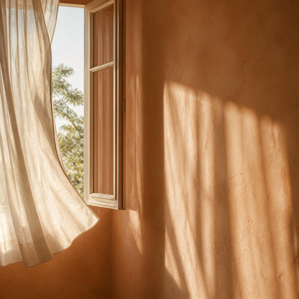 An open window with a light curtain moving in the afternoon sun.