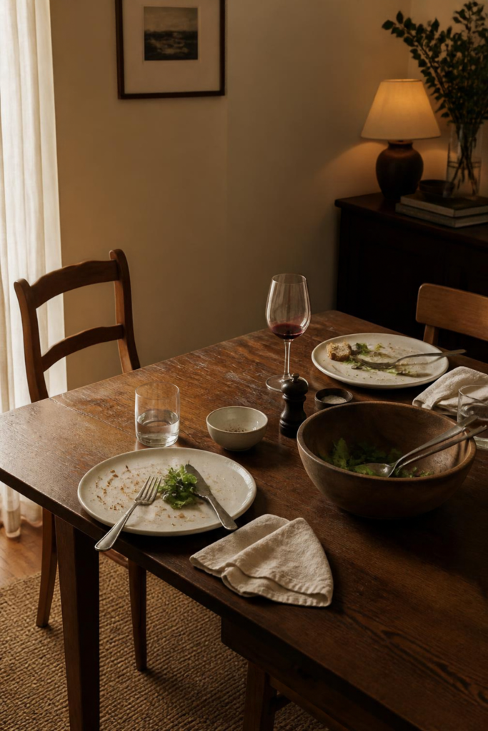 A table set for two mid-meal with one chair pushed slightly back.
