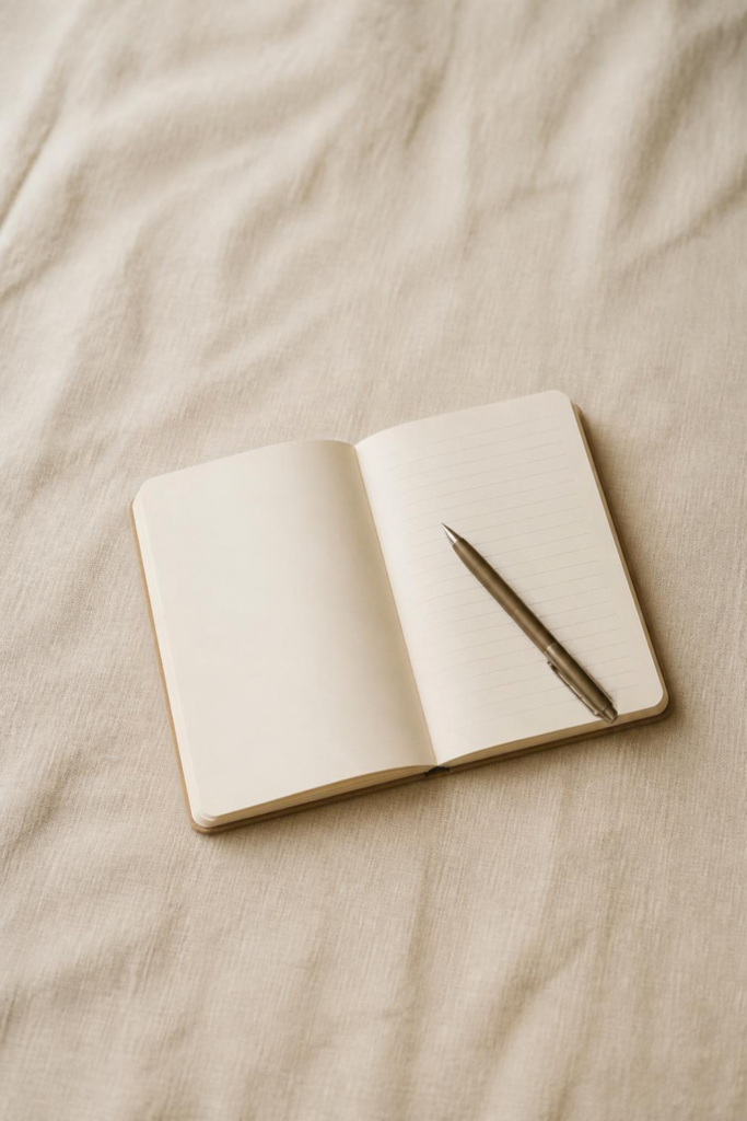 An open notebook with a half-filled handwritten page and a pen resting on top.