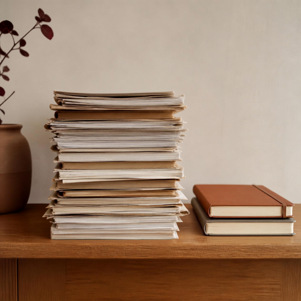 A neat stack of papers and two notebooks sitting on a wooden shelf.