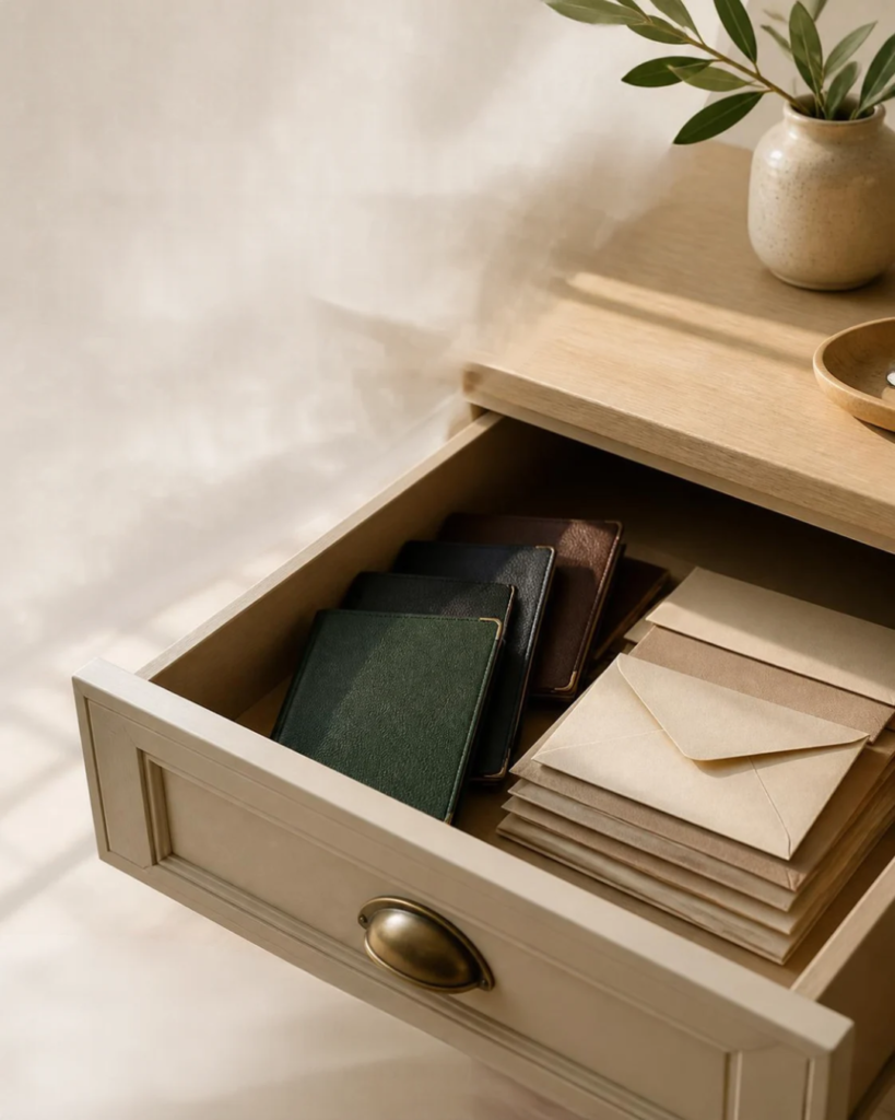 Open kitchen drawer holding passports and envelopes on a neutral countertop