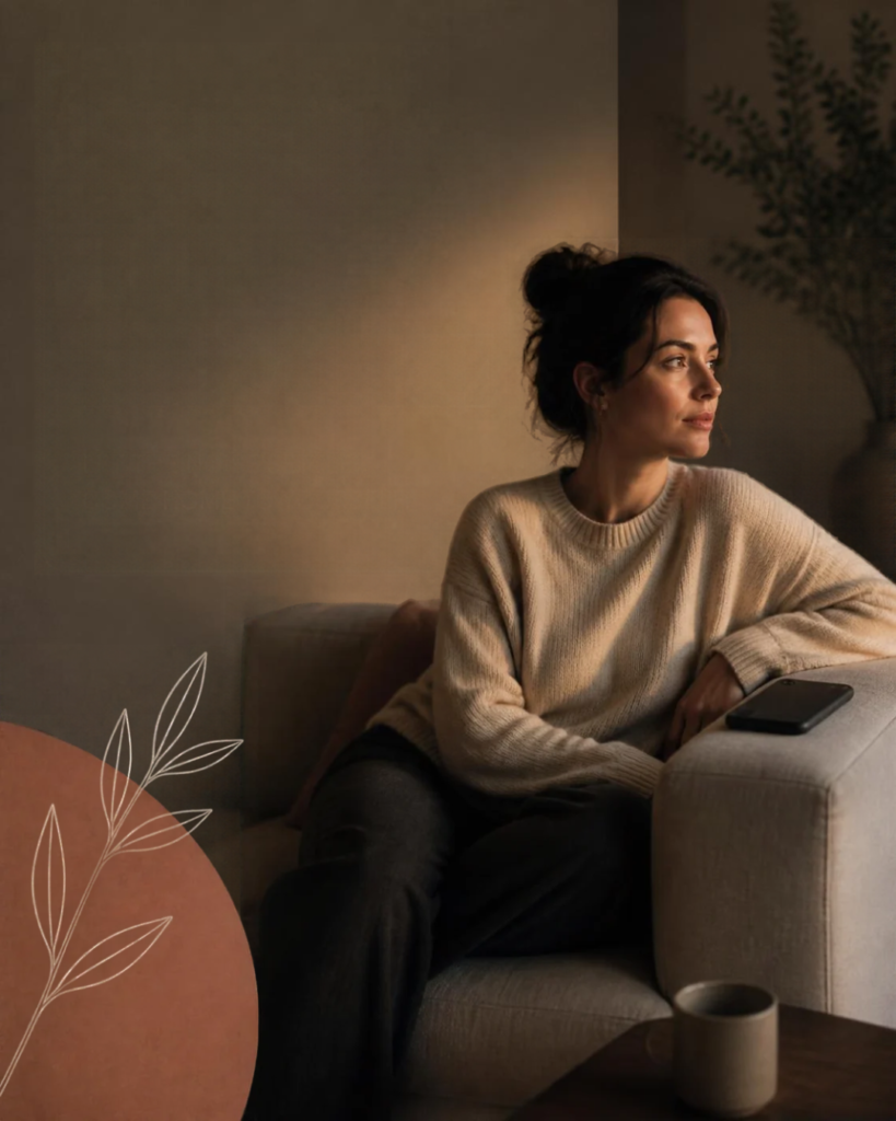 Woman sitting on a sofa in evening light with her phone face down beside her